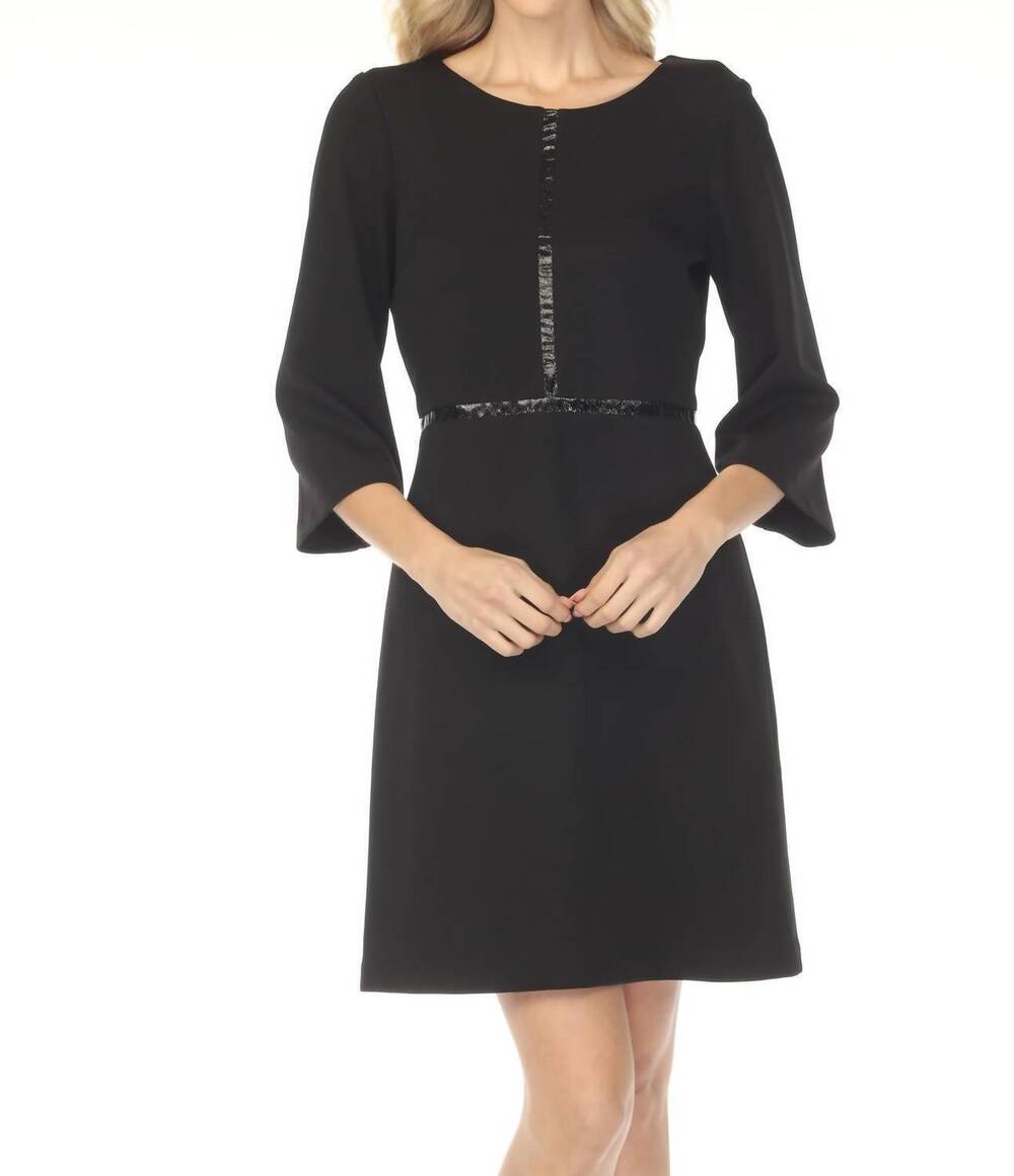 NEW JOSEPH RIBKOFF faux leather trim 3/4 sleeve mini dress in black